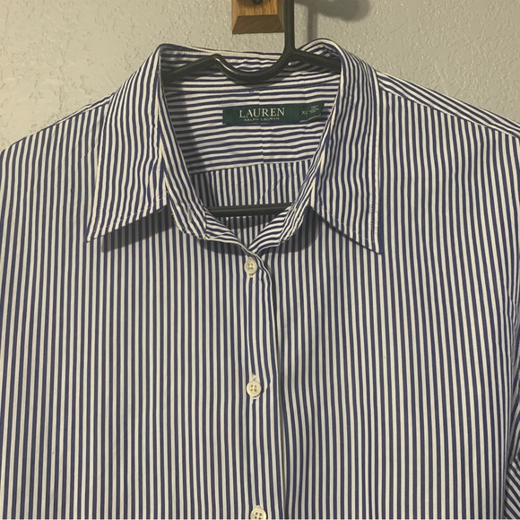 Womens XL Lauren Ralph Lauren button front blouse blue white stripes - Picture 2 of 4
